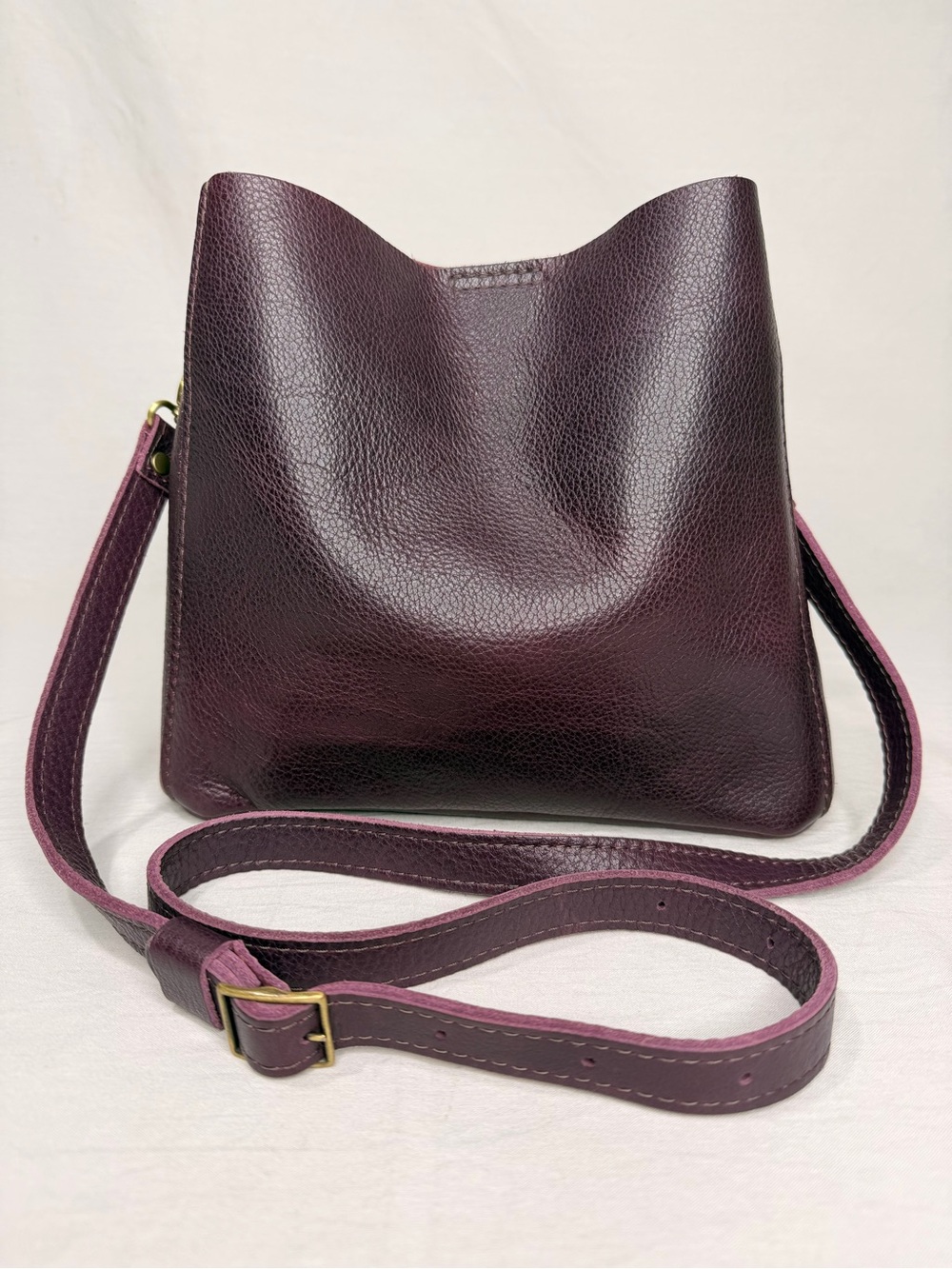 Portland Leather Butterfly Bucket Bag Plum Pebbled Leather Purple Crossbody